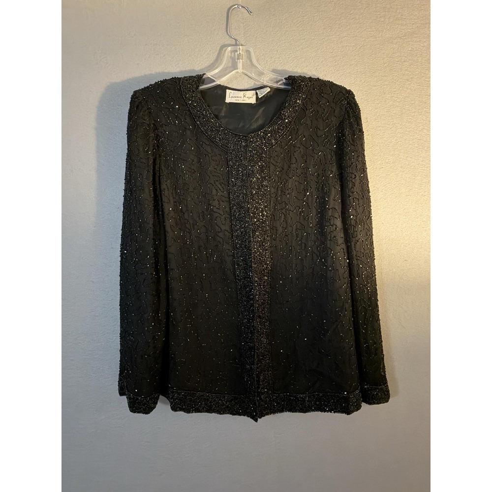 Vtg Laurence Kazar Jacket Womens L Black Silk Beaded Collarless Party Evening